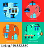 Water cleaning flat design concept with supply and industrial purification, home filtration for drink isolated vector illustration. Water Cleaning Flat Design Concept. Стоковая иллюстрация, агентство Ingram Publishing / Фотобанк Лори