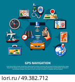 Navigation background with composition of flat conceptual global positioning system images of devices and vehicles with text vector illustration. GPS Navigation System Background. Стоковая иллюстрация, агентство Ingram Publishing / Фотобанк Лори