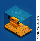 Bathyscaphe deep sea exploration submergence vehicle on  sandy ocean bottom  with seaweeds isometric composition vector illustration . Bathyscaphe Underwater Equipment Vector Illustration . Стоковая иллюстрация, агентство Ingram Publishing / Фотобанк Лори