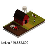 Gardening agricultural machinery isometric composition  with fertilizer and disc harrow tractor cultivator plowing on farmland vector illustration   . Gardening Farm Machinery Isometric Composition . Стоковая иллюстрация, агентство Ingram Publishing / Фотобанк Лори