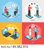 Chatrooms online 4 isometric icons concept with dating discussions arguing solving problems resolving conflicts isolated vector illustration  . Chatting People Isometric Icons Concept . Стоковое фото, агентство Ingram Publishing / Фотобанк Лори