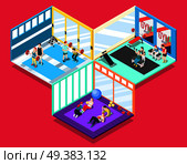 Gym isometric design concept with people and their personal sport trainers working indoor vector illustration. Gym Isometric Design Concept. Стоковая иллюстрация, агентство Ingram Publishing / Фотобанк Лори