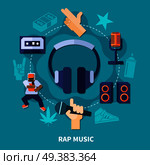 Rap music round composition with gestures of rapper, headphones, microphones, loudspeakers on turquoise background flat vector illustration. Rap Music Round Composition. Стоковая иллюстрация, агентство Ingram Publishing / Фотобанк Лори
