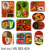 Set of boxed lunches in plastic colorful containers with italian, asian, vegetarian food isolated vector illustration  . Boxed Lunches Set. Стоковая иллюстрация, агентство Ingram Publishing / Фотобанк Лори