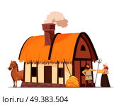 Medieval peasant family household with hatched roof house backyard horse and stack of hay cartoon vector illustration . Medieval Peasant Household Cartoon Illustration . Стоковая иллюстрация, агентство Ingram Publishing / Фотобанк Лори