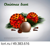 Christmas scent design concept with aroma candle pinecone spruce twig christmas balls realistic vector Illustration . Christmas Scent Design Concept. Стоковая иллюстрация, агентство Ingram Publishing / Фотобанк Лори