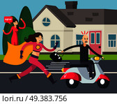 Superhero orthogonal composition with running woman in cloak and thief with stolen bag on scooter vector illustration. Superhero Woman Orthogonal Composition. Стоковая иллюстрация, агентство Ingram Publishing / Фотобанк Лори