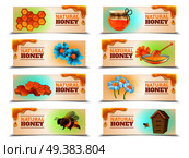 Natural honey set of horizontal banners with bees and hive, honeycombs, flowers isolated vector illustration. Natural Honey Horizontal Banners. Стоковая иллюстрация, агентство Ingram Publishing / Фотобанк Лори
