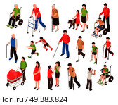 Isometric set with disabled people in wheelchair, with prosthetic limbs, blind and elderly persons isolated vector illustration. Disabled People Isometric Set. Стоковая иллюстрация, агентство Ingram Publishing / Фотобанк Лори
