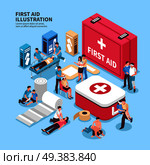 Isometric first aid composition with conceptual images of medicine box and its contents with human characters vector illustration. First Aid Box Background. Стоковая иллюстрация, агентство Ingram Publishing / Фотобанк Лори