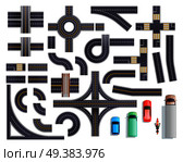 Set of road parts with roadside and marking including intersections, junctions, crosswalks, bridges, vehicles isolated vector illustration. Road Parts Vehicles Set. Стоковая иллюстрация, агентство Ingram Publishing / Фотобанк Лори