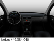 Realistic car dark interior with dashboard windshield and steering wheel vector illustration. Car Interior Dark. Стоковая иллюстрация, агентство Ingram Publishing / Фотобанк Лори