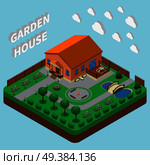 Isometric house composition with view of fenced territory with garden and cottage building with 3d text vector illustration. Country House Isometric Composition. Стоковая иллюстрация, агентство Ingram Publishing / Фотобанк Лори
