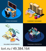 Stock exchange 2x2 design concept with tracking statistics valuable investment currency exchange square icons isometric vector illustration . Stock Exchange 2x2 Design Concept . Стоковая иллюстрация, агентство Ingram Publishing / Фотобанк Лори