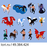 Mythical creatures isometric icons with unicorn, mermaid and fairy, pegasus and winged lion, griffin, isolated vector illustration. Mythical Creatures Isometric Icons. Стоковая иллюстрация, агентство Ingram Publishing / Фотобанк Лори