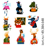 Humanized animals of different professions set with owl teacher, rhino policeman, giraffe fire fighter isolated vector illustration. Humanized Animals Different Professions Set. Стоковая иллюстрация, агентство Ingram Publishing / Фотобанк Лори
