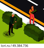 Spring cleaning work outside house isometric composition with grass seeds replenishing lawn raking seedlings planting vector illustration . Spring Cleaning Isometric Composition . Стоковая иллюстрация, агентство Ingram Publishing / Фотобанк Лори