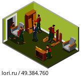 Furniture delivery isometric composition room with makers during assembly, customer and loaders carrying chair vector illustration  . Furniture Delivery Isometric Composition. Стоковая иллюстрация, агентство Ingram Publishing / Фотобанк Лори