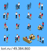 Family problems isometric icons with lack of money, quarrel and violence, alcoholism, blue background, isolated vector illustration. Family Problems Isometric Icons. Стоковая иллюстрация, агентство Ingram Publishing / Фотобанк Лори