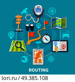 Navigation circle composition of isolated routing images of geolocation equipment and flat silhouettes of gps pictograms vector illustration. Route Navigation Round Composition. Стоковая иллюстрация, агентство Ingram Publishing / Фотобанк Лори