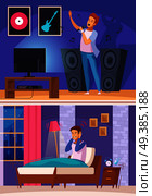 Neighbor during karaoke with loud music and angry sleepless man in bed cartoon composition vector illustration. Neighbor During Karaoke Cartoon Composition. Стоковая иллюстрация, агентство Ingram Publishing / Фотобанк Лори