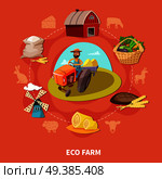 Farm cartoon colored composition with eco farm headline and different elements on the theme combined in circle vector illustration. Farm Cartoon Colored Composition. Стоковая иллюстрация, агентство Ingram Publishing / Фотобанк Лори