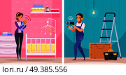 Sounds neighbors cartoon compositions including woman with crying newborn baby and apartment repair isolated vector illustration   . Sounds Neighbors Cartoon Compositions. Стоковая иллюстрация, агентство Ingram Publishing / Фотобанк Лори