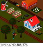 Isometric farm house mill sheepfold and farmer gathering apples colorful background 3d vector illustration. Farm Isometric Background. Стоковая иллюстрация, агентство Ingram Publishing / Фотобанк Лори