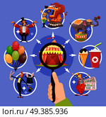 Circus cartoon colored concept with little circles icon set and with magnifier in hands vector illustration. Circus Cartoon Colored Concept. Стоковая иллюстрация, агентство Ingram Publishing / Фотобанк Лори