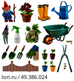 Country cottage garden accessories design elements set with hedge trimming shears flowers plants seedlings wheelbarrow vector illustration  . Garden Accessories Set . Стоковая иллюстрация, агентство Ingram Publishing / Фотобанк Лори