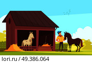 Equestrian sport composition with outdoor images of horse stable and human character feeding the stallion vector illustration. Horse Barn Equestrian Composition. Стоковая иллюстрация, агентство Ingram Publishing / Фотобанк Лори