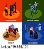 Medieval isometric design concept with torture scene knightly duel blacksmith during work isolated vector illustration  . Medieval Isometric Design Concept. Стоковая иллюстрация, агентство Ingram Publishing / Фотобанк Лори