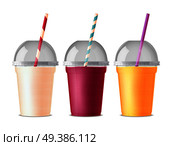 Three colored takeout fast food plastic glasses for drink juice cola tea or smoothie with pipe and transparent cover isolated vector illustration. Takeout Fast Food Plastic Glasses. Стоковая иллюстрация, агентство Ingram Publishing / Фотобанк Лори