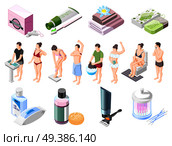 Personal hygiene isometric icons set soap shampoo shaving cream wet wipes towel tampons for intimate hygiene vector illustration . Hygiene Isometric Icons Set. Стоковая иллюстрация, агентство Ingram Publishing / Фотобанк Лори