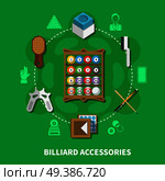 Billiard accessories round composition on green background with colorful balls, cues, brushes for cloth, chalk vector illustration . Billiard Accessories Round Composition. Стоковая иллюстрация, агентство Ingram Publishing / Фотобанк Лори