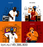Rap music popular singers performance 4 flat colorful background icons square with black mc rapper vector illustration .  Rap Music Performers Concept Design. Стоковая иллюстрация, агентство Ingram Publishing / Фотобанк Лори