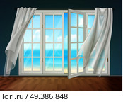 Room with view on sea from open window and fluttering curtains hanging on cornice 3d vector illustration. Open Window With Fluttering Curtains. Стоковая иллюстрация, агентство Ingram Publishing / Фотобанк Лори