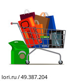 Shopping trolley full of bags and boxes and with pack near on white background. Shopping-themed isolated vector illustration of cart with stuff. Biggest dream of shopaholic. Purchases in cart. Shopping Trolley Full of Different Purchases. Стоковая иллюстрация, агентство Ingram Publishing / Фотобанк Лори