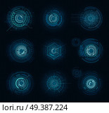 Set of blue infographic elements interface virtual isolated on blue with points. Head-up display elements for the web and app. Vector illustration of futuristic user interface in cartoon style.. Set of Blue Infographic Elements Interface Virtual. Стоковая иллюстрация, агентство Ingram Publishing / Фотобанк Лори