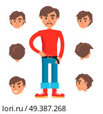 Man Constructor. Character in red turtleneck, jeans and red sneakers isolated on white background. Set of six heads includes faces with different emotions and foreshortening vector illustration.. Man Constructor. Character with Set of Six Heads. Стоковая иллюстрация, агентство Ingram Publishing / Фотобанк Лори