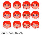 Set of female emotions of red-haired girl with blue eyes on white background. Vector illustration of facial expression happy angry comic cute and other in cartoon style. Girl avatars flat design.. Set of Female Emotions of Red-haired Girl Flat. Стоковая иллюстрация, агентство Ingram Publishing / Фотобанк Лори