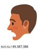 Surprised brown-haired man face icon. Male head in profile view with open mouth and raised eyebrows flat vector isolated on white background. Human emotions illustration for people infographics. Surprised Man Face Flat Vector Icon. Стоковая иллюстрация, агентство Ingram Publishing / Фотобанк Лори