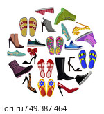 Collection of shoes in round frame banner isolated vector. Footgear for hot summer, warm spring, rainy autumn and cold winter. Elegant stilettos, running sneakers, casual flip-flops and warm boots.. Collection of Shoes in Round Frame Banner Isolated. Стоковая иллюстрация, агентство Ingram Publishing / Фотобанк Лори
