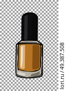 Gold nail varnish in bottle with black lid isolated on transparent background. Fashionable and glamorous nail polish for elegant manicure vector illustration. Modern trendy beauty tool image.. Fashioable Gold Nail Varnish Isolated Illustration. Стоковая иллюстрация, агентство Ingram Publishing / Фотобанк Лори