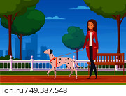 Colored cartoon background with young woman walking in city park with her dog of dalmatian breed vector illustration   . People With Pets Cartoon Background. Стоковая иллюстрация, агентство Ingram Publishing / Фотобанк Лори