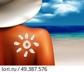 Sun cream protecting from sunburn cosmetics realistic advertisement poster with sunblock lotion on human shoulder vector illustration. Sun Cream On Shoulder Realistic. Стоковая иллюстрация, агентство Ingram Publishing / Фотобанк Лори