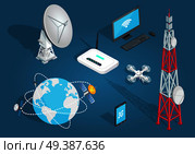 Set of wireless connection on blue background. Vector illustration of satellites around planet, tower with dishes, white drone, laptop with wi-fi, smartphone with 3G, white dish antenna, wi-fi router.. Set of Wireless Connection in Flat Cartoon Style. Стоковая иллюстрация, агентство Ingram Publishing / Фотобанк Лори
