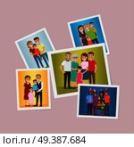 Happy family pinned portraits set. Smiling parents and grandparents with children and celebrating kids birthday with friends flat vector illustrations. Memorable moments of family history concept. Happy Family Pinned Portraits Flat Vectors Set. Стоковая иллюстрация, агентство Ingram Publishing / Фотобанк Лори