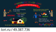 Fireworks safety infographic. How do not spoil the party. Right and wrong preparing for setting off pyrotechnics. Vector cartoon illustration of incorrect firework using and reading instruction. Fireworks Safety Infographic, In correct Preparing. Стоковая иллюстрация, агентство Ingram Publishing / Фотобанк Лори