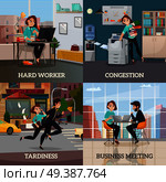 Multitasking 2x2 design concept set of business meeting hard worker congestion and tardiness flat square compositions vector illustration. Multitasking 2x2 Design Concept. Стоковая иллюстрация, агентство Ingram Publishing / Фотобанк Лори